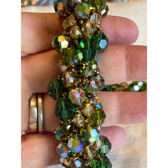 Vintage Swarovski Chunky Austrian Crystal Bold Beaded Green & Gold Necklace 16" - Picture 6 of 10